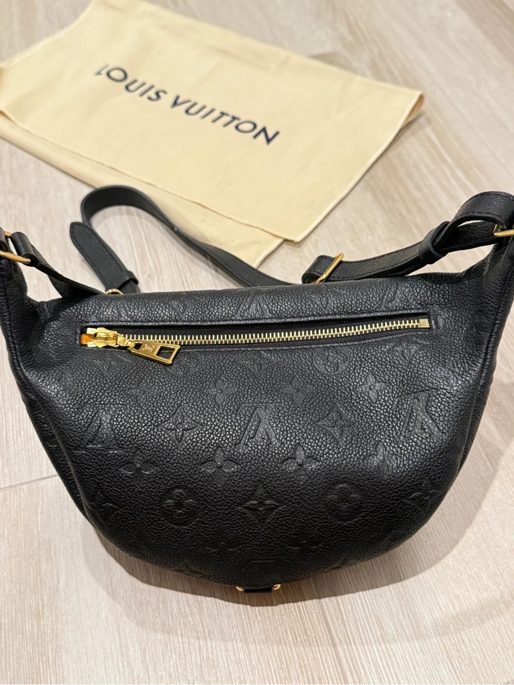 Louis Vuitton Black Monogram Embossed Crossbody Belt Bag with Gold Hardware